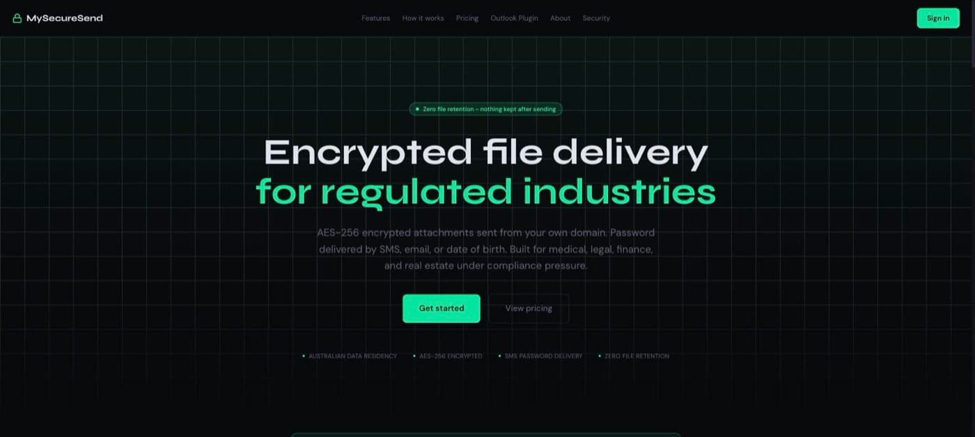 The MySecureSend homepage, showing the headline Encrypted file delivery for regulated industries.