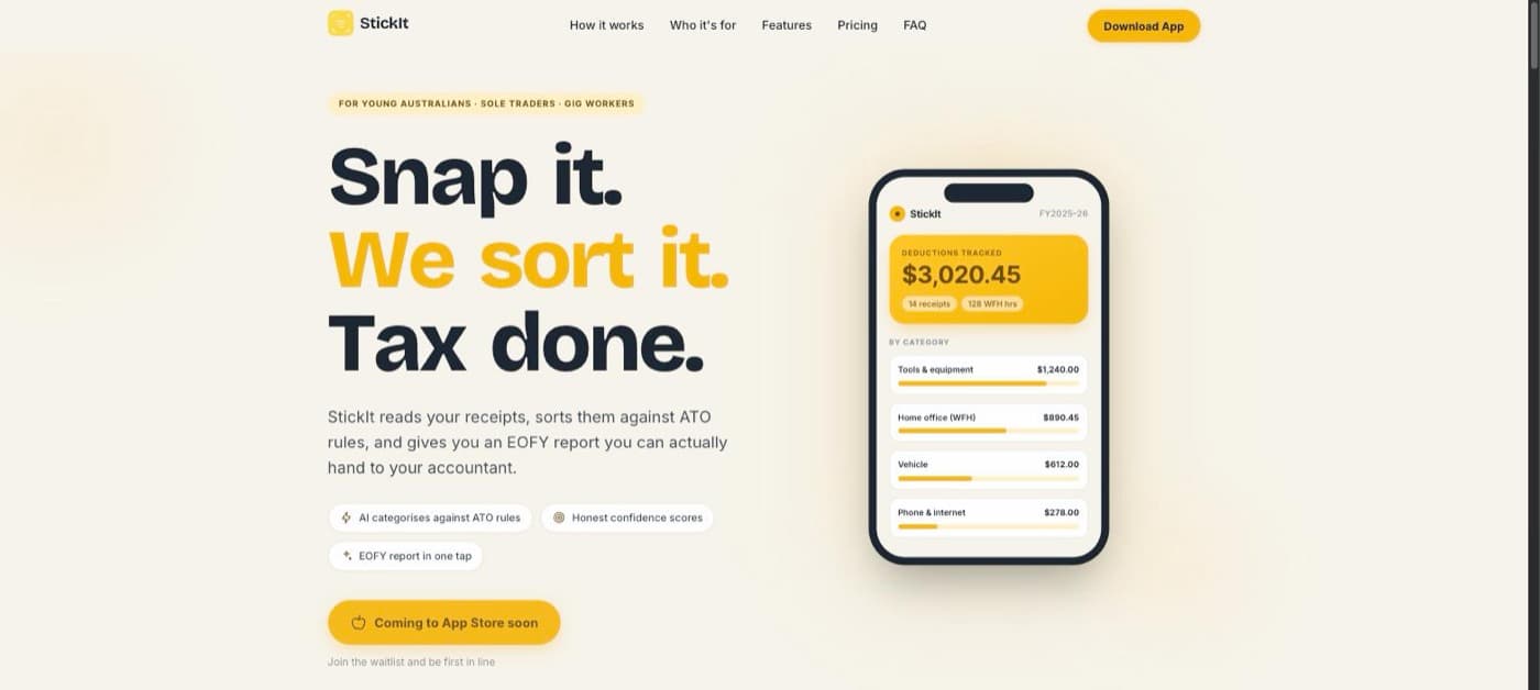 The StickIt homepage, showing the headline Snap it. We sort it. Tax done.